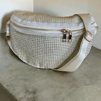 Sac banane toucher velours à strass couleur or pale