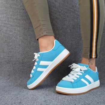Chaussures baskets basses bleu turquoise avec bandes blanches style campus