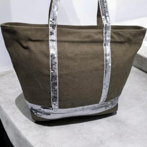 Sac à main style cabas porté main en tissu kaki foncé avec sequins argentés