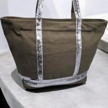 Sac à main style cabas porté main en tissu kaki foncé avec sequins argentés