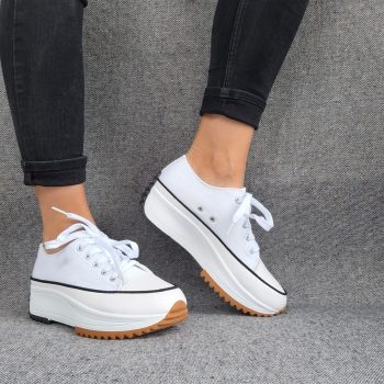 Chaussures baskets basses plate-forme tissu toile blanc