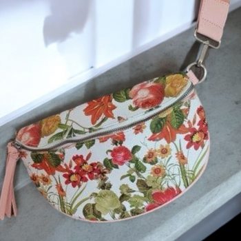 Sac banane simili cuir fleuri multicolore et rose pâle