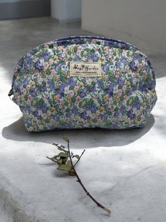 Trousse de toilette maquillage coton matelassé liberty violet parme et vert