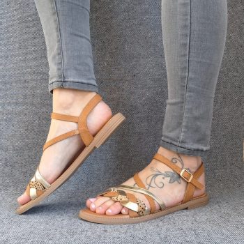 Chaussures sandales à brides camel doré et léopard toucher poil