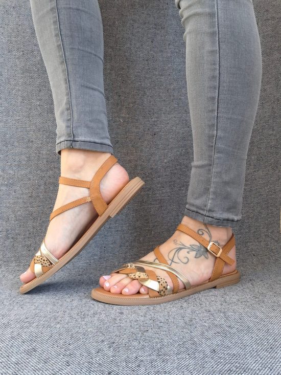Chaussures sandales à brides camel doré et léopard toucher poil
