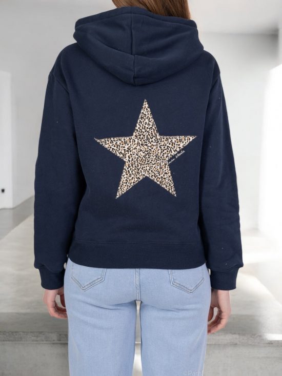 Sweat à capuche en coton bleu marine motif étoile léopard