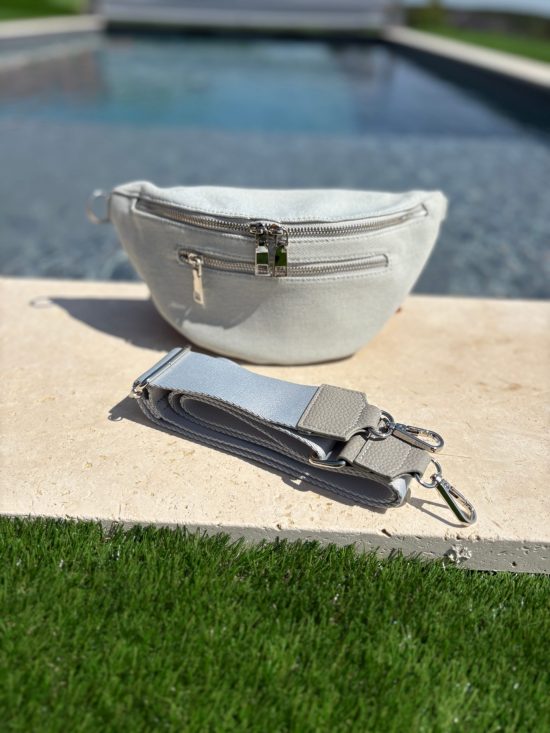 Sac banane en tissu matiere jean gris clair 2 poches