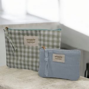 Pochette et trousse en coton vichy motifs à carreaux vert d'eau beige