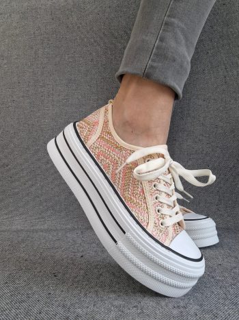 Chaussures baskets effet paille beige rose semelle compensée style converse – Image 11