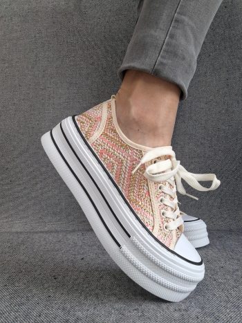 Chaussures baskets effet paille beige rose semelle compensée style converse – Image 12