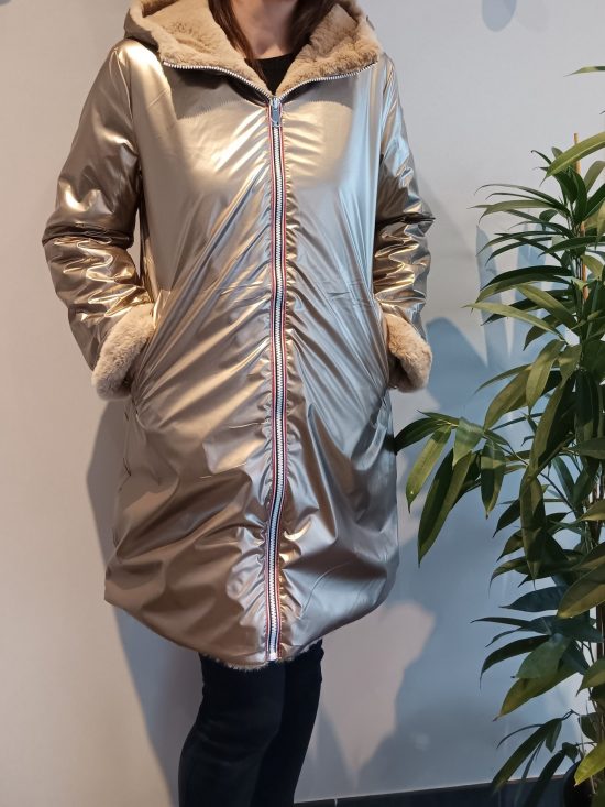 Melya Melody - Manteau long fourré fausse fourrure réversible imperméable doré