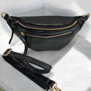 Sac banane en cuir irisé noir 2 poches