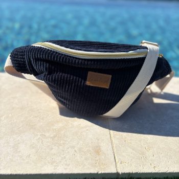 Sac banane velours cotelé bleu marine intérieur coton fait main