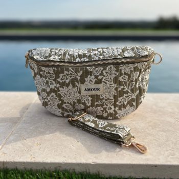 Sac banane coton matelassé liberty toile de jouy fleuri vert kaki et blanc