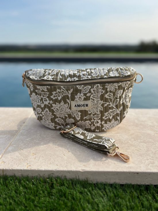 Sac banane coton matelassé liberty toile de jouy fleuri vert kaki et blanc