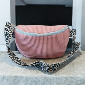 Sac banane en velours côtelé rose doublure en coton sangle fantaisie