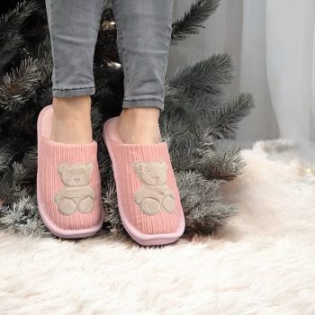Chaussons fourrés rose en tissu avec motif ours