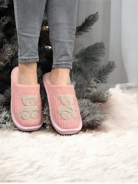 Chaussons fourrés rose en tissu avec motif ours