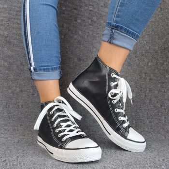 Chaussures baskets hautes simili cuir noir style converse