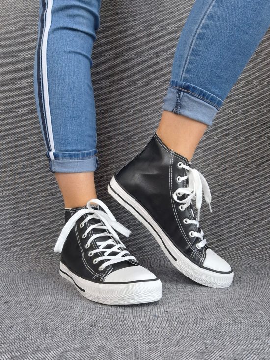 Chaussures baskets hautes simili cuir noir style converse