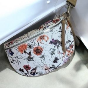 Sac banane simili cuir fleuri multicolore et taupe