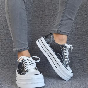 Chaussures baskets basses semelle compensée tissu rigide motif zébrés noir et blanc style converse plateforme