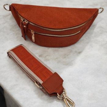 Sac banane velours côtelé 2 poches orange sangle fantaisie