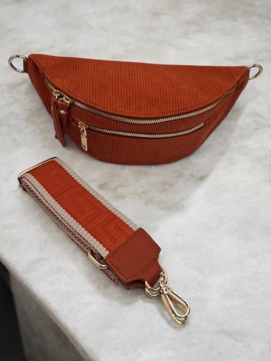 Sac banane velours côtelé 2 poches orange sangle fantaisie