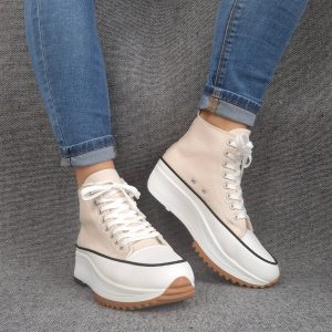 Chaussures baskets haute plate-forme toile beige et blanc