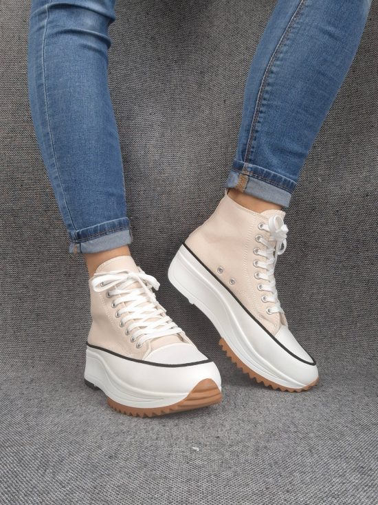 Chaussures baskets haute plate-forme toile beige et blanc