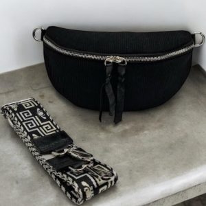 Sac banane en velours côtelé noir doubles curseurs en cuir