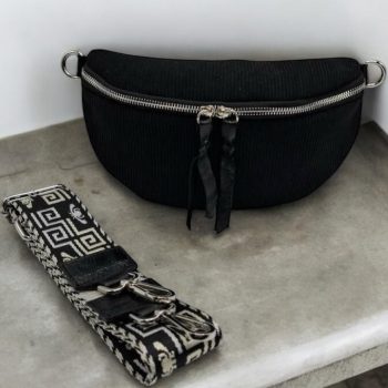 Sac banane en velours côtelé noir doubles curseurs en cuir