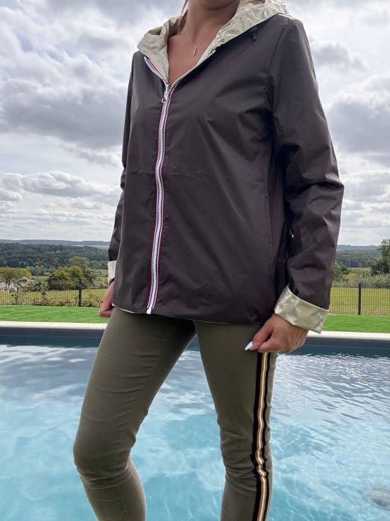 Laura Jo - Imperméable réversible court sans garnissage ouate mi-saison couleur marron chocolat/doré