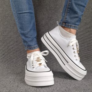 Chaussures baskets basses semelle compensée en tissu blanc style converse