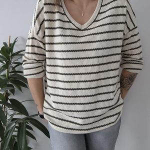 Pullover maille écru rayé kaki à manches longues taille unique