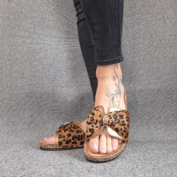 Chaussures sandales type Birk 1 bride cuivre tissu léopard marron noir