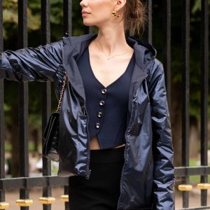 Laura Jo - Imperméable réversible court mi-saison avec garnissage ouate et zip uni (mat/brillant) bleu marine
