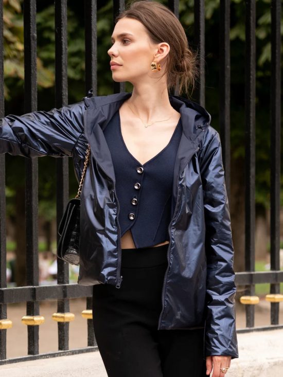 Laura Jo - Imperméable réversible court mi-saison avec garnissage ouate et zip uni (mat/brillant) bleu marine