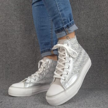 Chaussures baskets hautes en tweed argenté style converse