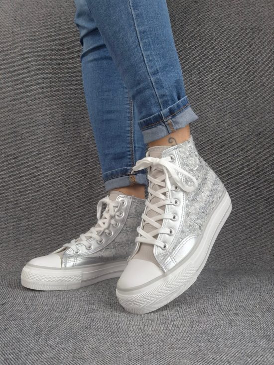 Chaussures baskets hautes en tweed argenté style converse