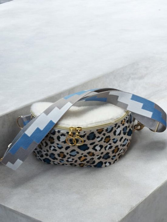 Sac banane en tissu bicolore écru et motifs léopards fait main