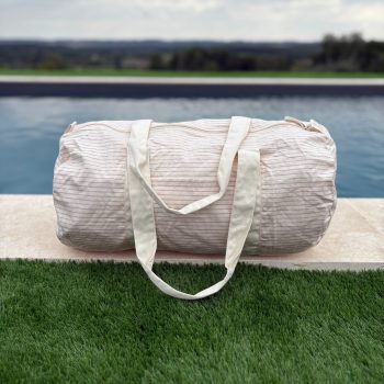 Sac polochon week end de voyage en coton léger rayé beige rouge rose