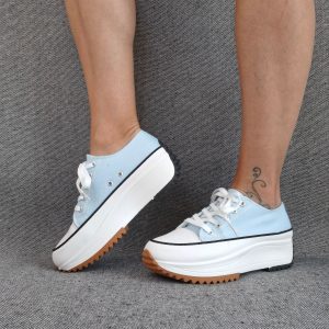Chaussures baskets basses plate-forme tissu toile bleu