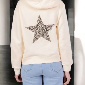 Sweat à capuche en coton beige motif étoile léopard