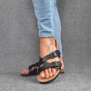 Chaussures sandales type Birk à 2 brides noires semelle intérieure cuir