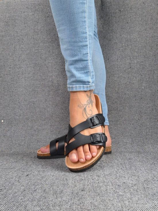 Chaussures sandales type Birk à 2 brides noires semelle intérieure cuir