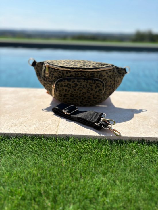 Sac banane en tissu imprimé léopard kaki 2 poches