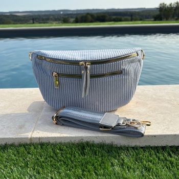 Sac banane XL velours côtelé 2 poches bleu ciel sangle fantaisie