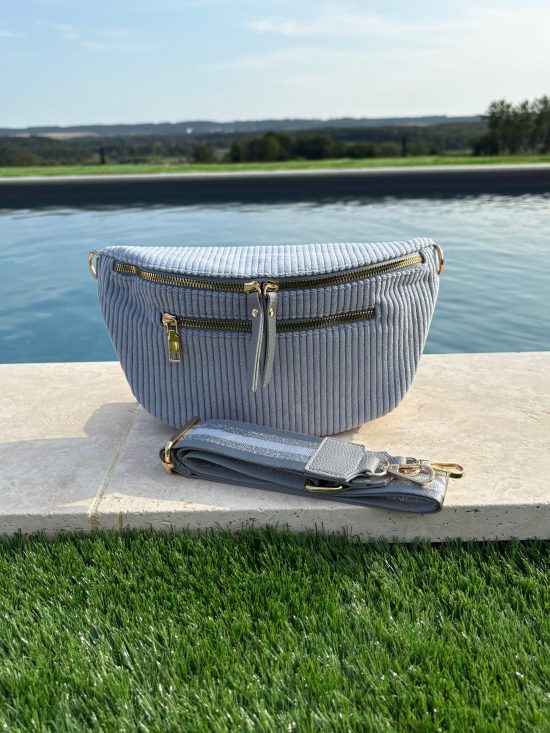 Sac banane XL velours côtelé 2 poches bleu ciel sangle fantaisie