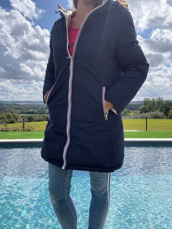 Melya Melody - Manteau long réversible et imperméable matelassé bleu marine doré
